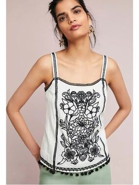 Anthropologie White Floral Embroidered Cami with Black Pom Trim